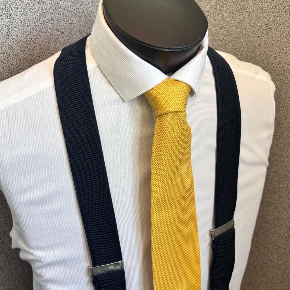 Trafalgar Suspenders Mens Navy Blue Leather Trim Silver Convertible Preppy